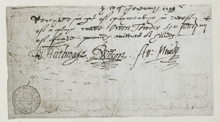 Receipt for part payment for the play 'Owen Tudor'