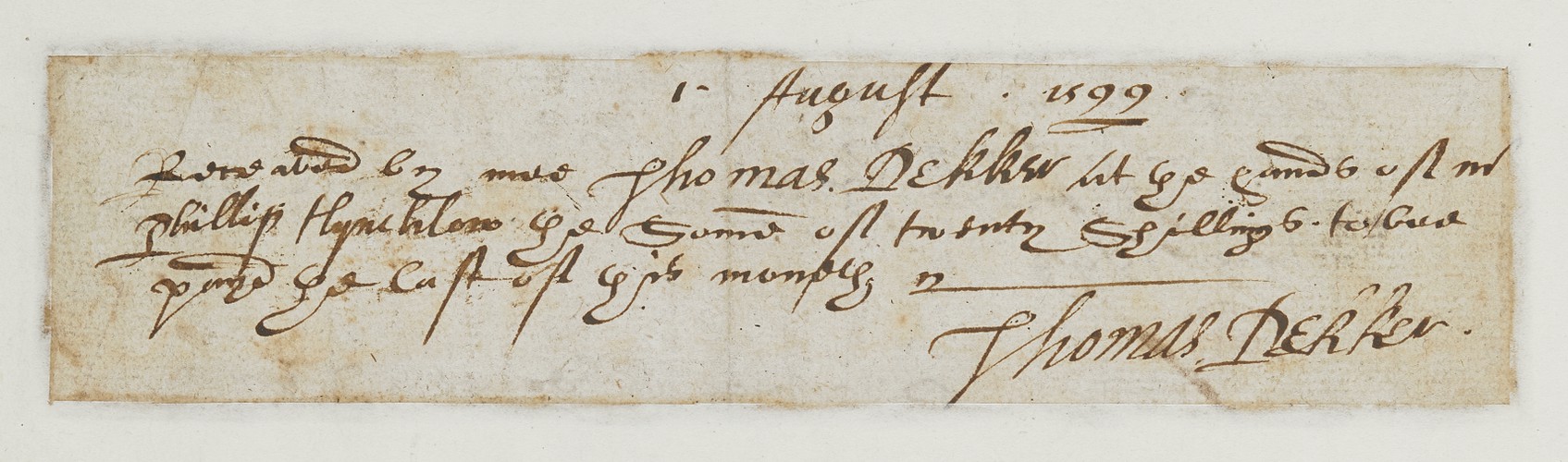 Receipt by Thomas Dekker, August 1599
