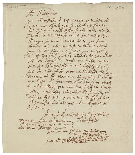 Facsimile of letter from Nathan Field